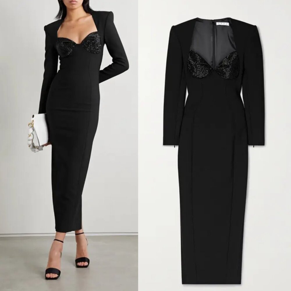 AREA Crystal-Embellished Stretch-Twill Midi Dress in Black 8 NWT